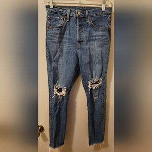 Levis 501 Original Cropped Jeans Button Fly Distressed Raw Hem Women’s Sz 27x28